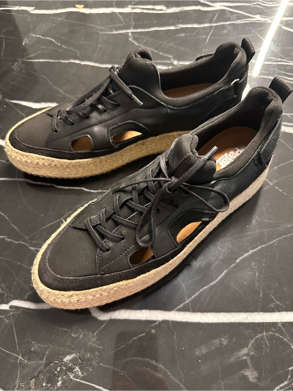 Pajar Black Espadrille-Style Lace-Up Sneakers with Natural Jute Trim